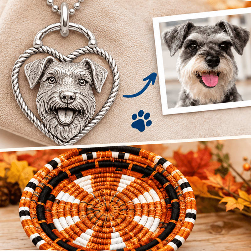 A silver schnauzer pendant and a photo of a schnauzer are displayed above a woven basket with autumn leaves in the background.