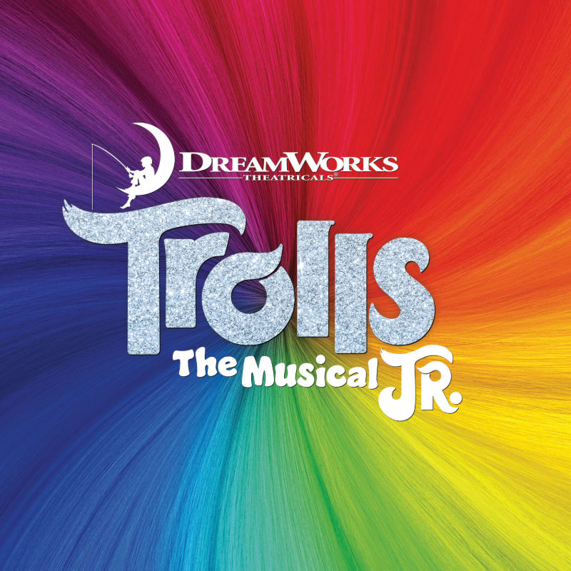 Sparkling "Trolls The Musical Jr." lettering is centered against a vibrant, rainbow-colored swirl background.