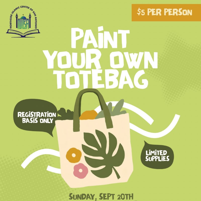 A tote bag with floral and leaf designs is featured in the foreground against a light green background with abstract white swirls and text announcing a "Paint Your Own Totebag" event.