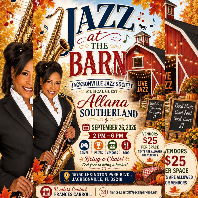 Two women with saxophones are in the foreground, with a rustic barn and autumn foliage in the background advertising a jazz event.