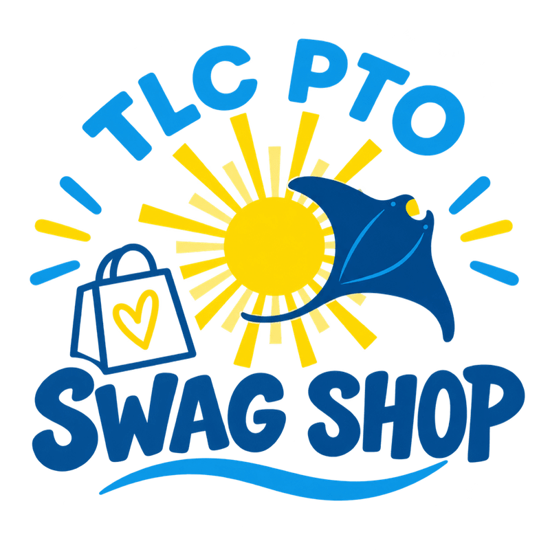 A shopping bag and a manta ray are in the foreground, with a bright sun and the words "TLC PTO SWAG SHOP" in the background.