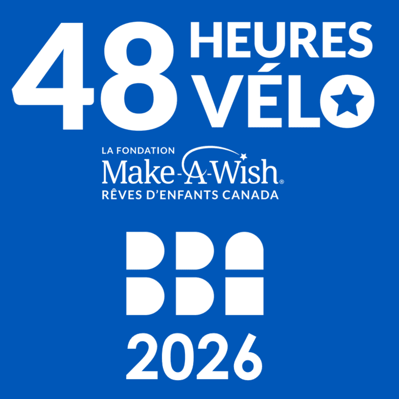 White text on a blue background announces "48 HEURES VÉLO" and the Make-A-Wish Foundation logo above the BDI 2026 logo.