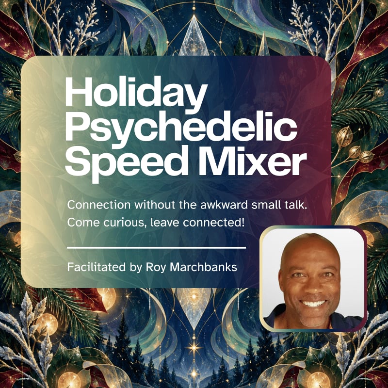 A "Holiday Psychedelic Speed Mixer" event is advertised with a smiling man in the foreground against a festive, abstract background.