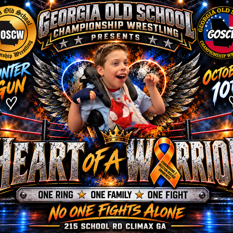 A young boy in a wheelchair, wearing a Spider-Man shirt, smiles broadly in the foreground, set against a vibrant wrestling poster with wings and the title "Heart of a Warrior" in the background.