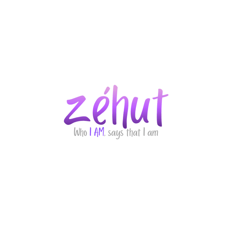 Purple gradient text spelling "zéhut" with the tagline "Who I AM. says that I am" in gray text sits against a plain white background.