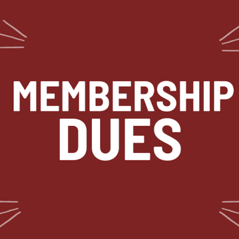 White text reading "MEMBERSHIP DUES" is centered on a dark red background with thin white lines radiating from the corners.