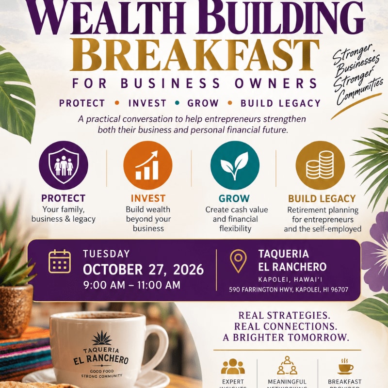 A white mug with "Taqueria El Ranchero" printed on it sits in the foreground, while the background features a purple and gold flyer for a "Wealth Building Breakfast for Business Owners."