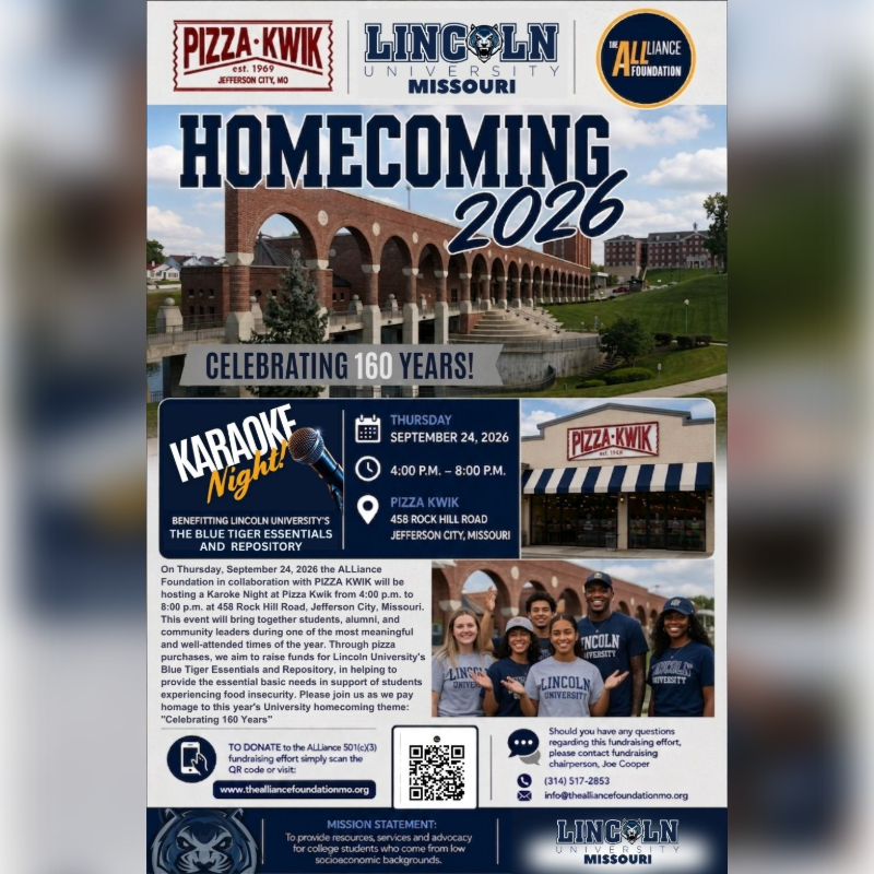 A flyer for Lincoln University's Homecoming 2026 Karaoke Night at Pizza Kwik features a photo of the university's historic building in the background and a group of smiling students in the foreground.