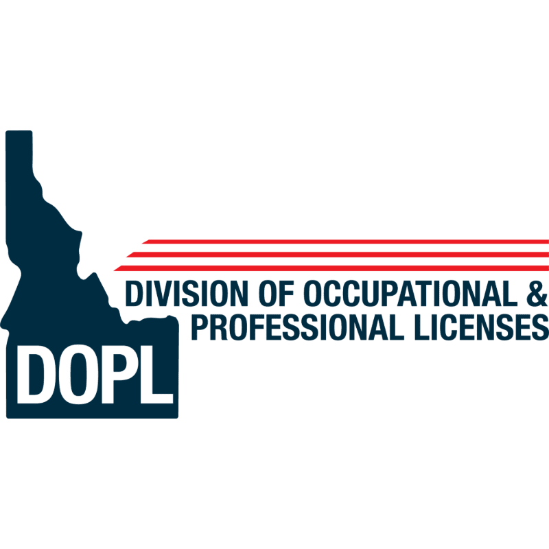 A dark blue silhouette of Idaho with "DOPL" in white letters is on the left, with red and white stripes extending to the right, over the text "DIVISION OF OCCUPATIONAL & PROFESSIONAL LICENSES" on a white background.