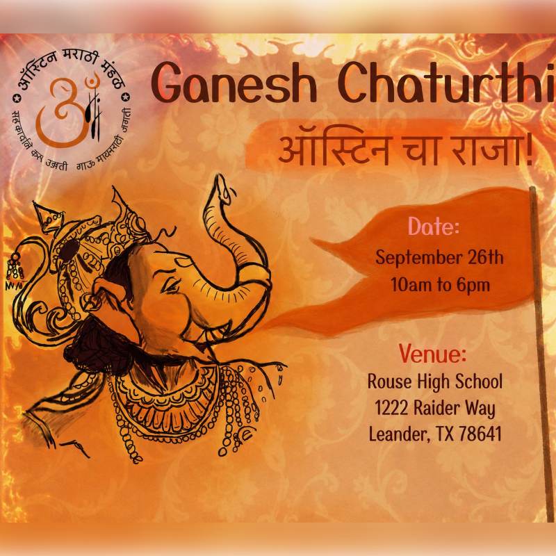A vibrant orange invitation for Ganesh Chaturthi features a stylized depiction of Lord Ganesha in the foreground, with event details like date and venue clearly displayed against a decorative background.