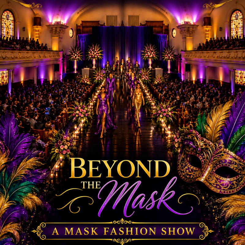 Models walk down a candlelit runway adorned with feathers and masks, towards a grand hall filled with spectators and ornate decorations.