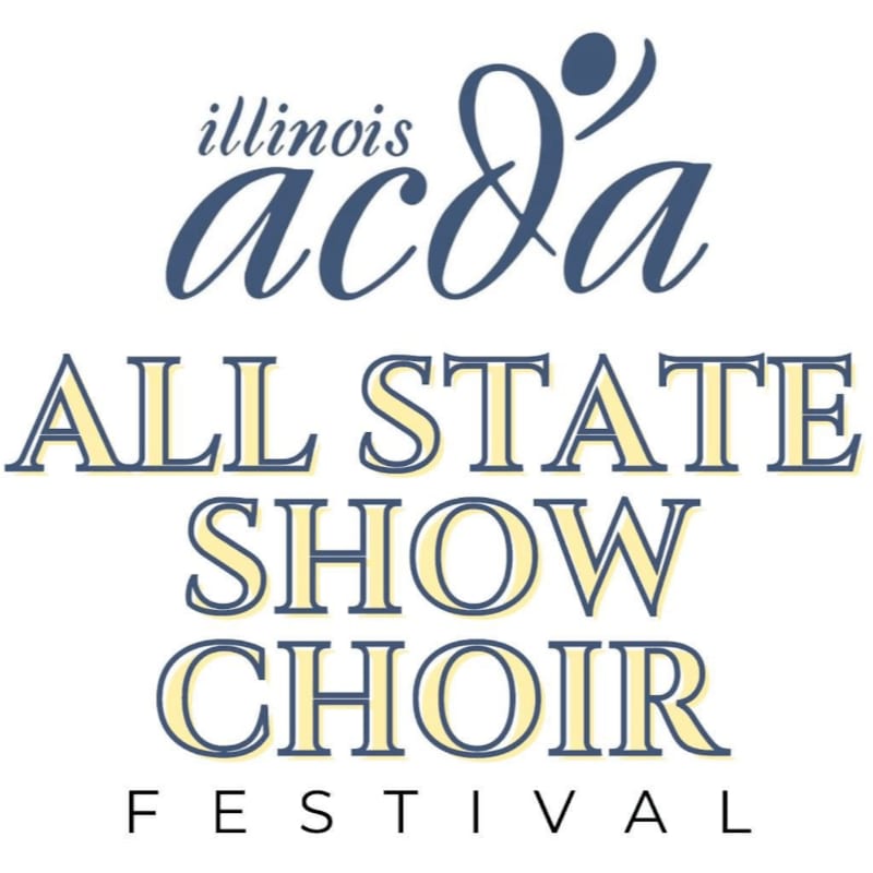 A white background frames the text "illinois acda ALL STATE SHOW CHOIR FESTIVAL" in blue and yellow lettering, with a stylized human figure above the "acda" text.