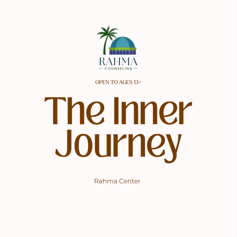 A logo for Rahma Counseling, featuring a palm tree and dome above the text "Rahma Counseling" and "The Inner Journey," is set against a plain cream background.