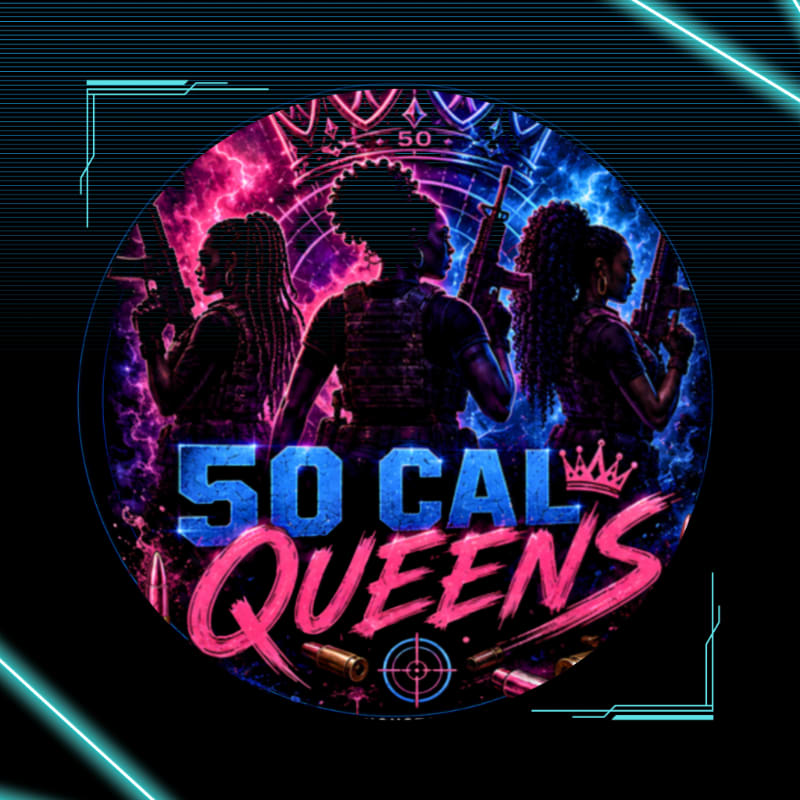Three women with guns stand in front of a vibrant, cosmic background with the words "50 CAL QUEENS" emblazoned across the center.