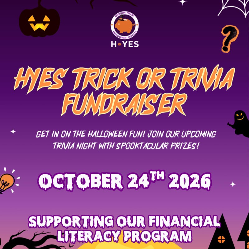 A Halloween-themed fundraiser poster for H-YES's financial literacy program, featuring spooky graphics and event details against a purple gradient background.