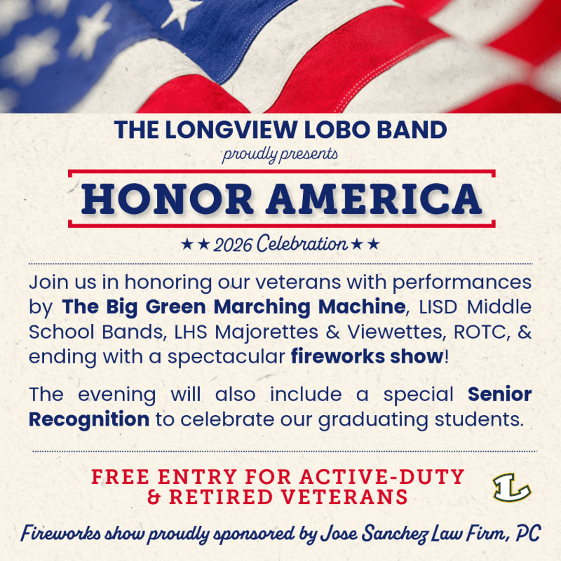 A blurred American flag forms the background for a flyer announcing the "Honor America" event by The Longview Lobo Band, featuring performances and a fireworks show.