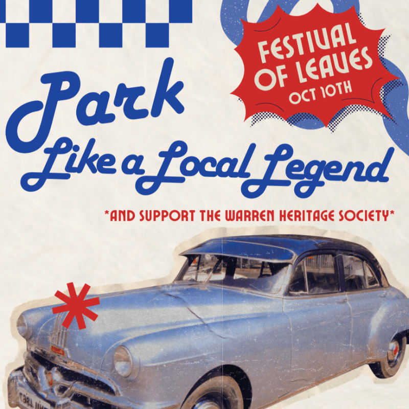 A vintage car with a red star on its hood is in the foreground, while the background features bold blue text advertising a "Festival of Leaves" on October 10th.