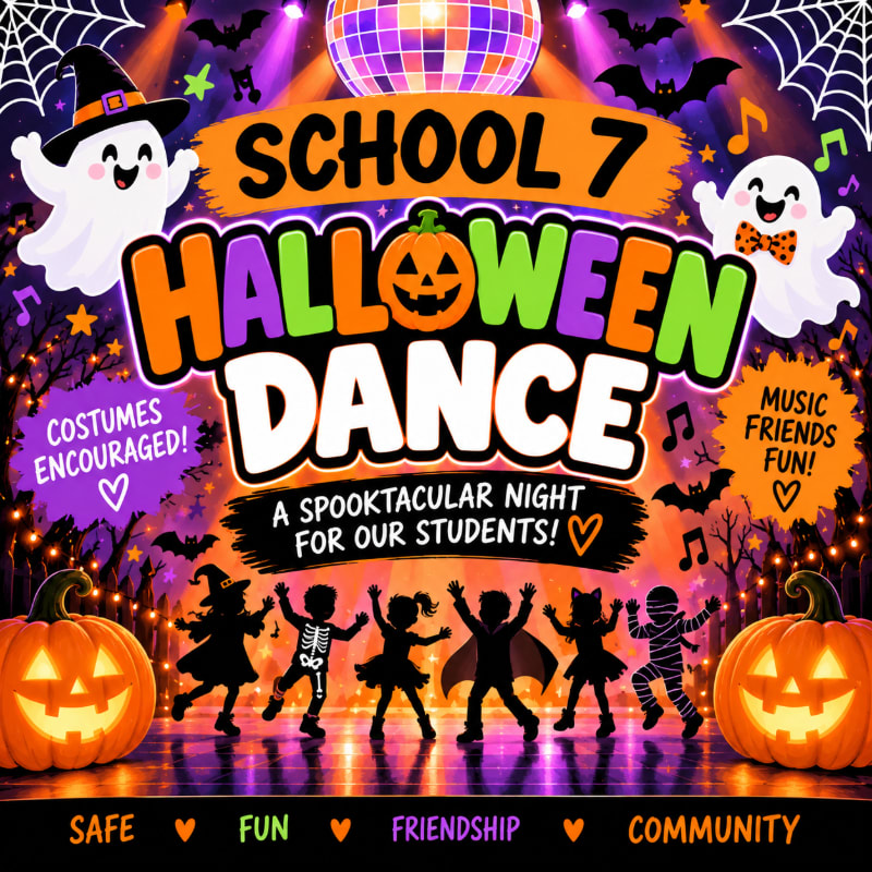 Two glowing jack-o'-lanterns flank a silhouetted group of dancing children in the foreground, while a disco ball and playful ghosts hover above the "School 7 Halloween Dance" title against a spooky, bat-filled night sky in the background.
