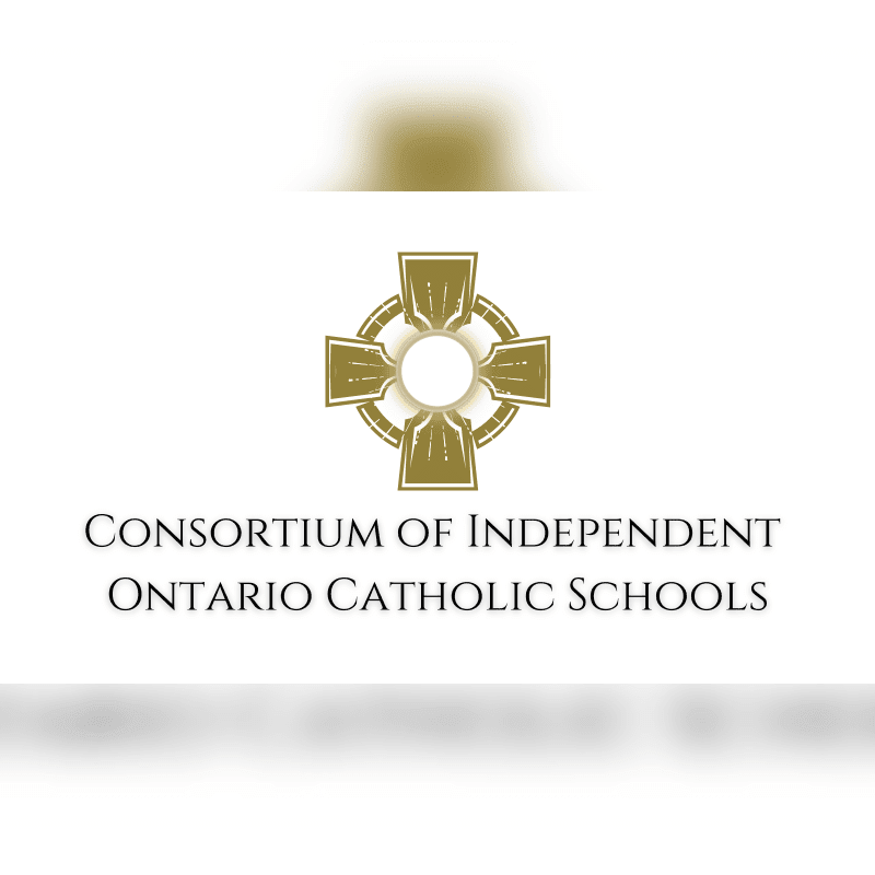 A gold emblem resembling a Celtic cross is centered above the text "CONSORTIUM OF INDEPENDENT ONTARIO CATHOLIC SCHOOLS" on a white background with a subtle gradient.