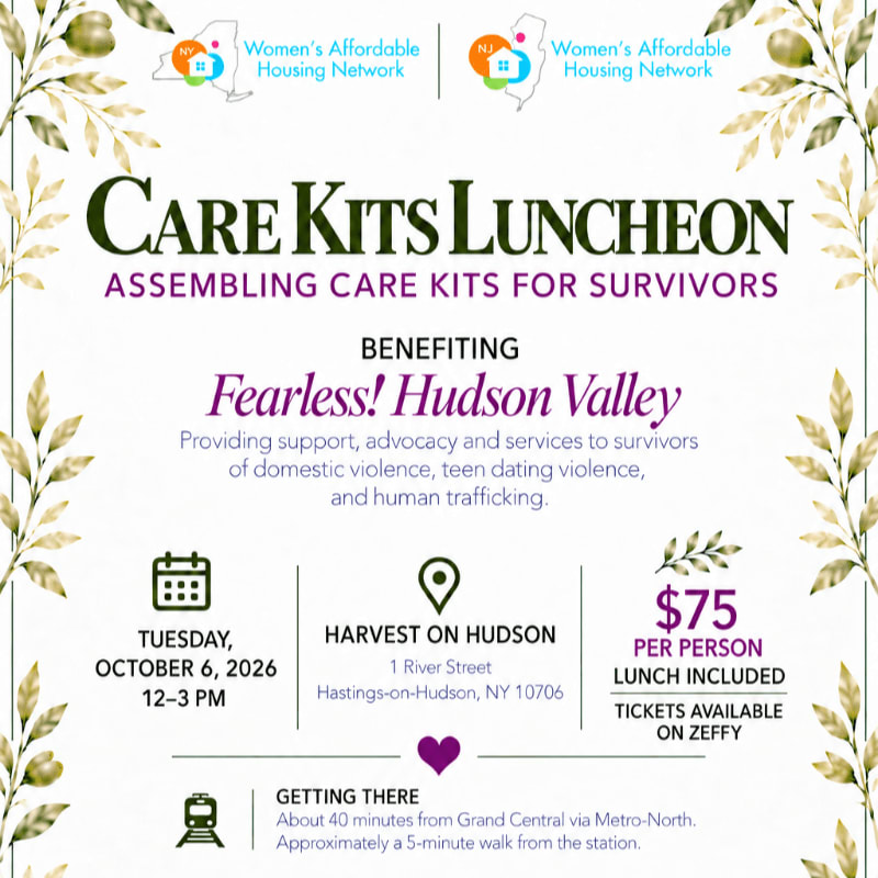 A decorative border frames a flyer for the "Care Kits Luncheon" benefiting "Fearless! Hudson Valley," with event details including date, time, location, and cost.