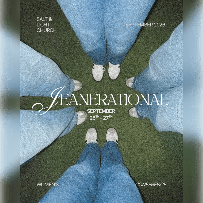 Five pairs of legs in blue jeans and white sneakers stand in a circle on a green surface, with text announcing "Jeanerational" and "Salt & Light Church" in the background.