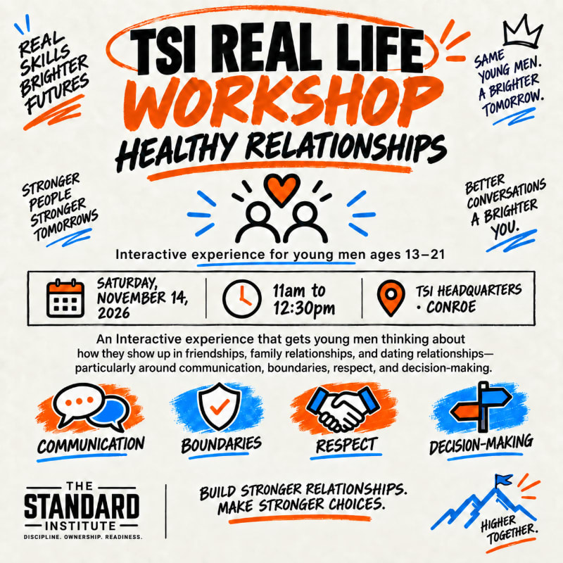 In the foreground, icons represent communication, boundaries, respect, and decision-making, while the background features bold text announcing a "TSI Real Life Workshop: Healthy Relationships" for young men.