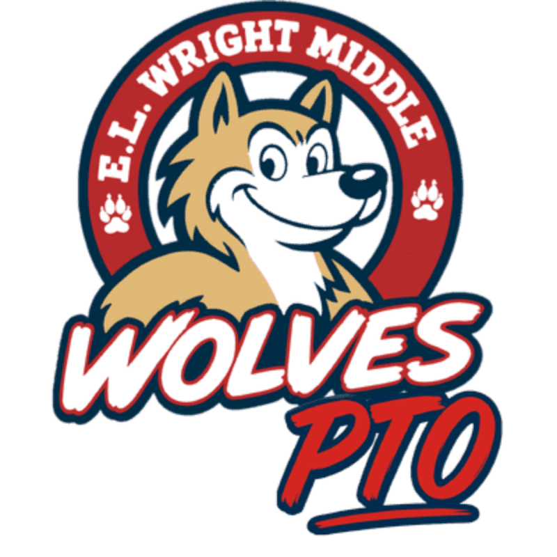 A cartoon wolf mascot with "WOLVES PTO" written below it is centered on a white background, with a red circle containing "E.L. WRIGHT MIDDLE" behind the wolf's head.