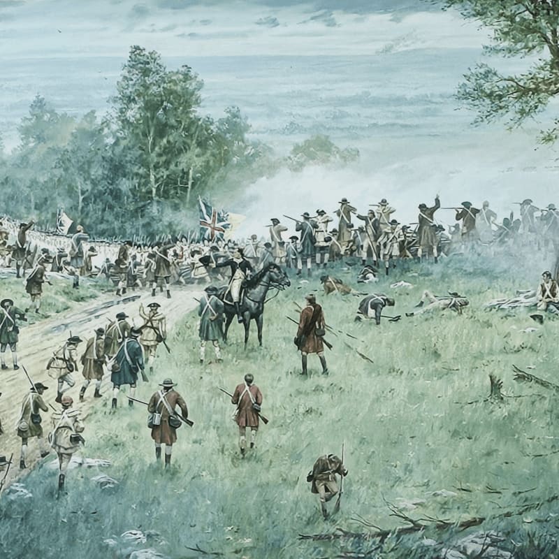 Soldiers in colonial attire engage in battle on a grassy hill in the foreground, with a distant landscape of trees and a hazy sky in the background.