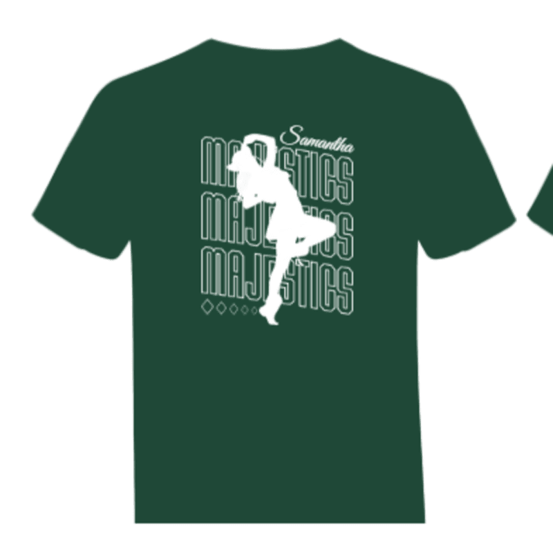 A dark green t-shirt displays a white silhouette of a dancer mid-pose, with "Samantha Majestics" written in white text behind her.