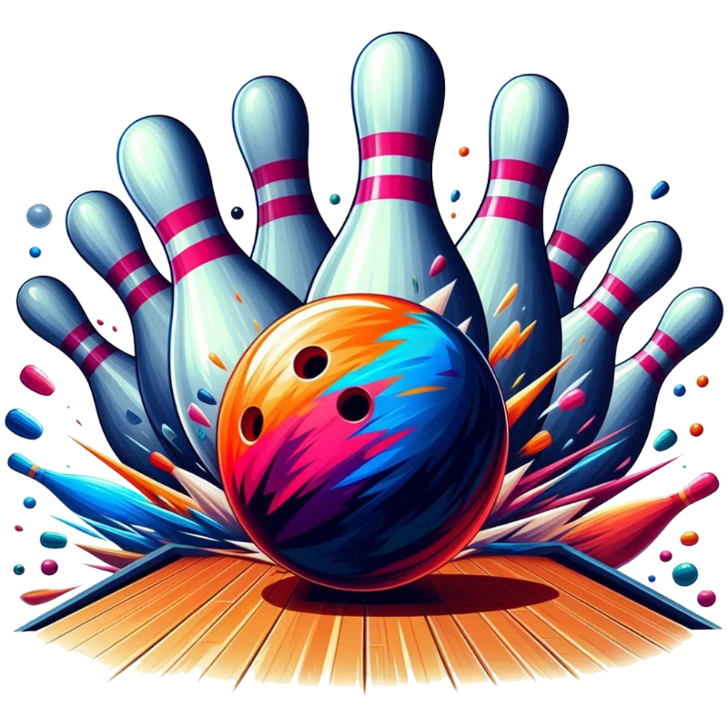 A vibrant bowling ball rests on a wooden lane in front of a cluster of stylized pins, with colorful splashes of paint erupting behind them.