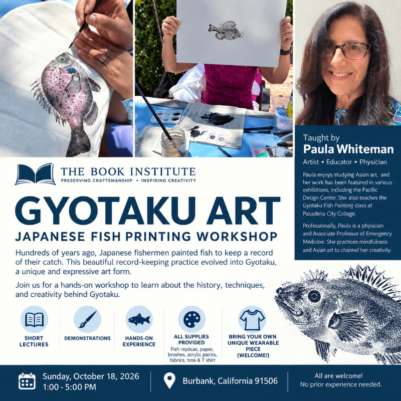 A workshop flyer for Gyotaku art, featuring a close-up of a fish print in the foreground and a smiling woman in the background.