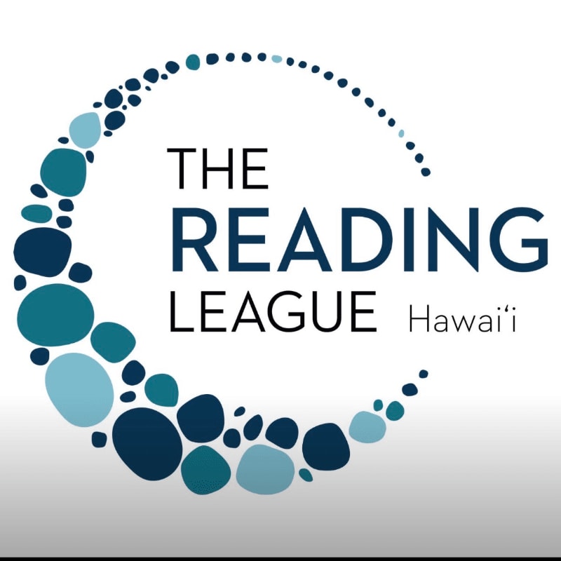 A circular logo with the words "THE READING LEAGUE Hawai'i" is formed by a gradient of blue and teal dots against a white and gray background.