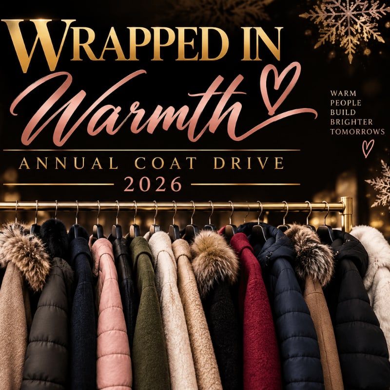 A rack of warm coats hangs in the foreground, set against a dark background with the text "WRAPPED IN Warmth ANNUAL COAT DRIVE 2026" and decorative snowflakes.