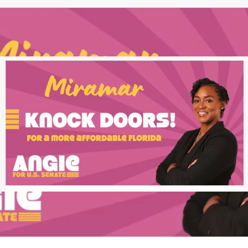 A woman in a black blazer smiles with her arms crossed in front of a pink background with "Miramar KNOCK DOORS! FOR A MORE AFFORDABLE FLORIDA ANGIE FOR U.S. SENATE" text.