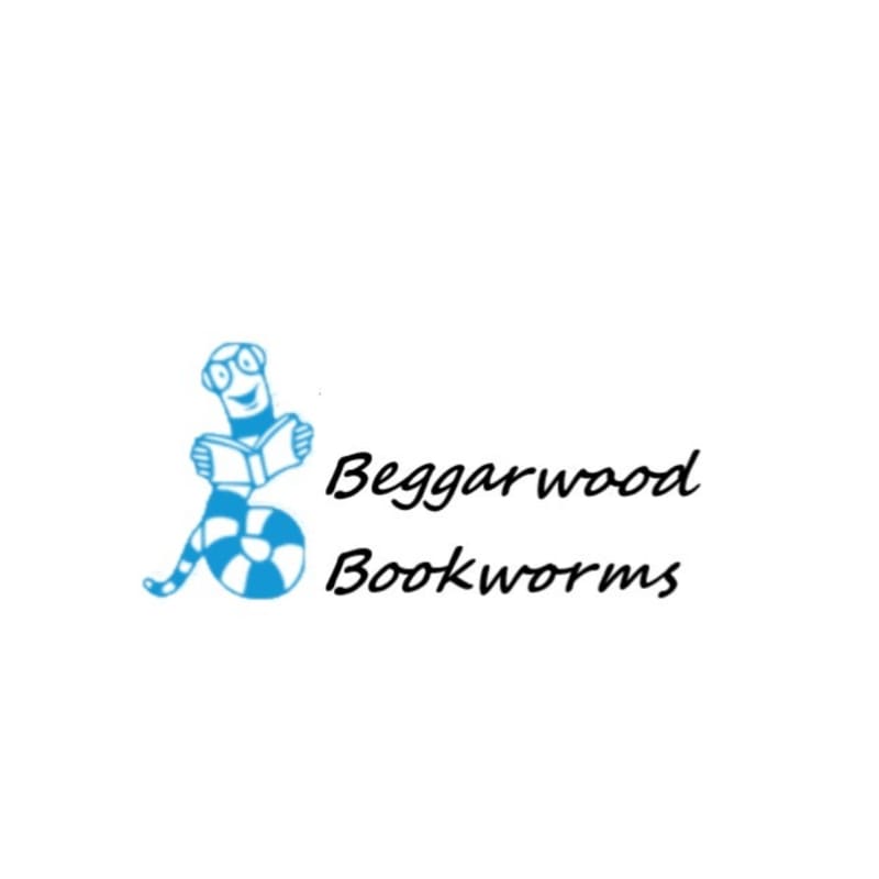 A blue cartoon worm wearing glasses and reading a book is coiled next to the words "Beggarwood Bookworms" on a white background.