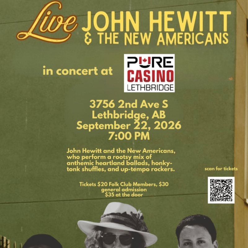 A concert poster for John Hewitt & The New Americans at Pure Casino Lethbridge features a band photo in the foreground and event details on a textured green background.