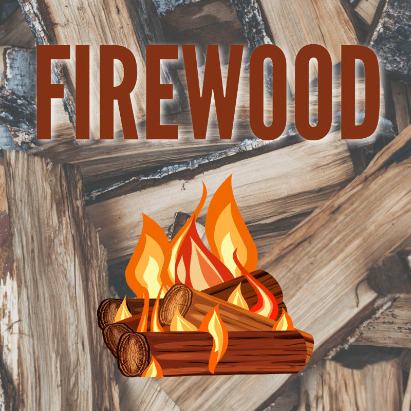 A pile of burning logs in the foreground is set against a background of stacked firewood with the word "FIREWOOD" prominently displayed.