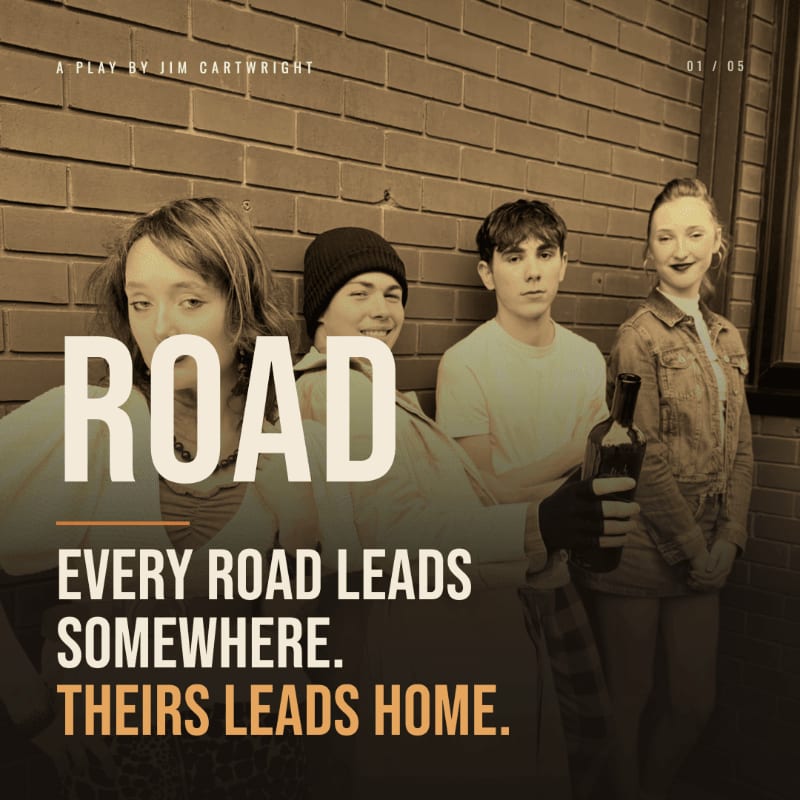 Four young people, one holding a bottle, lean against a brick wall with the title "ROAD" and a tagline overlayed.