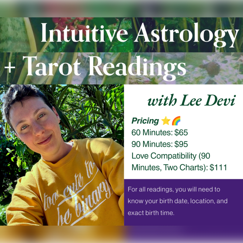 A woman with short hair smiles in the foreground, with text about intuitive astrology and tarot readings overlaying a blurred green background.