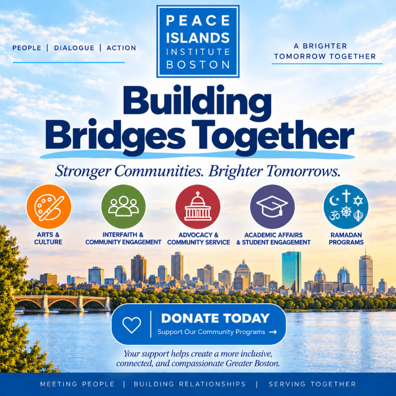 A cityscape with a bridge in the foreground and the "Peace Islands Institute Boston" logo and program icons in the background.