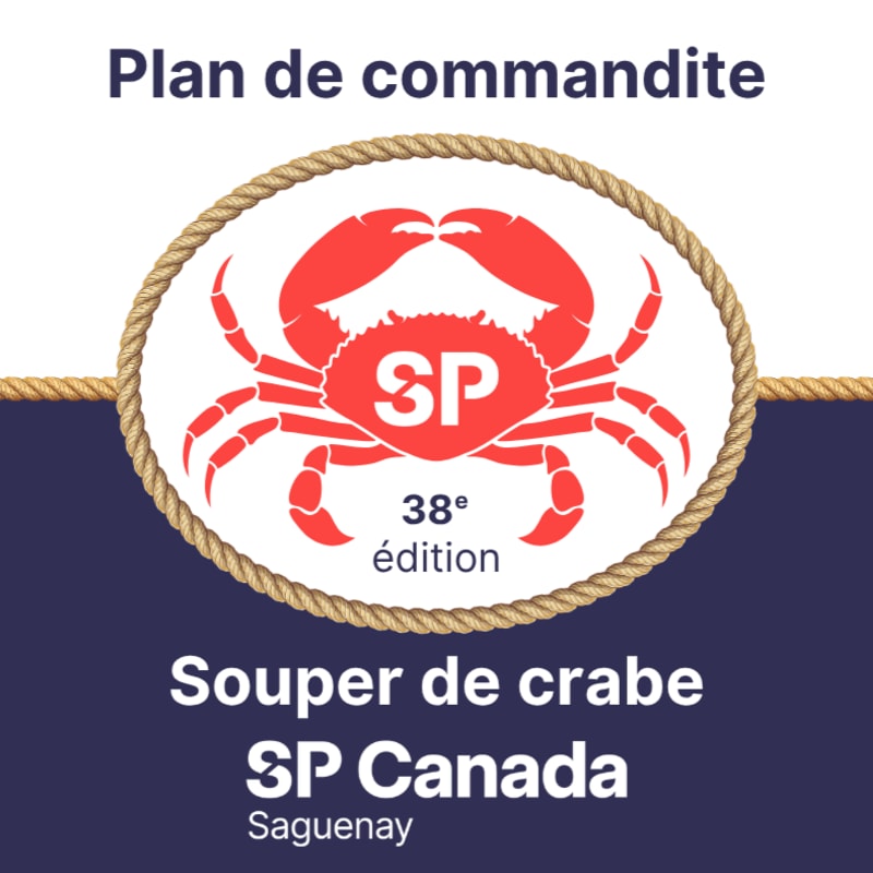 A red crab logo with "SP" inside is framed by a rope in the foreground, set against a white and navy blue background with text indicating "Plan de commandite," "Souper de crabe," "SP Canada," and "Saguenay."