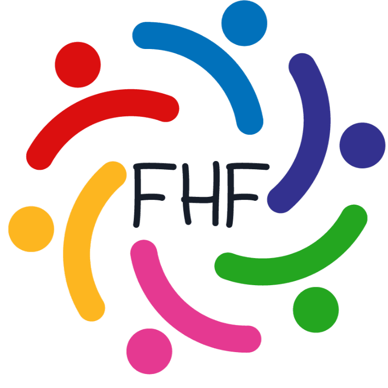 Colorful abstract figures form a circle around the letters "FHF" in the foreground, set against a white background.