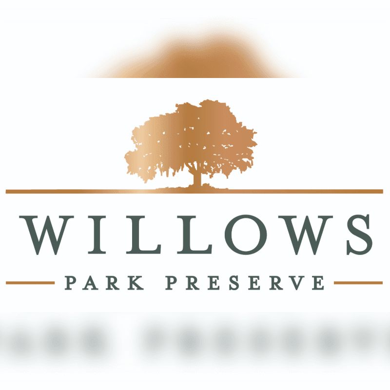 A golden silhouette of a tree stands above the words "WILLOWS PARK PRESERVE" on a white background with a blurred brown and white gradient at the top and bottom.
