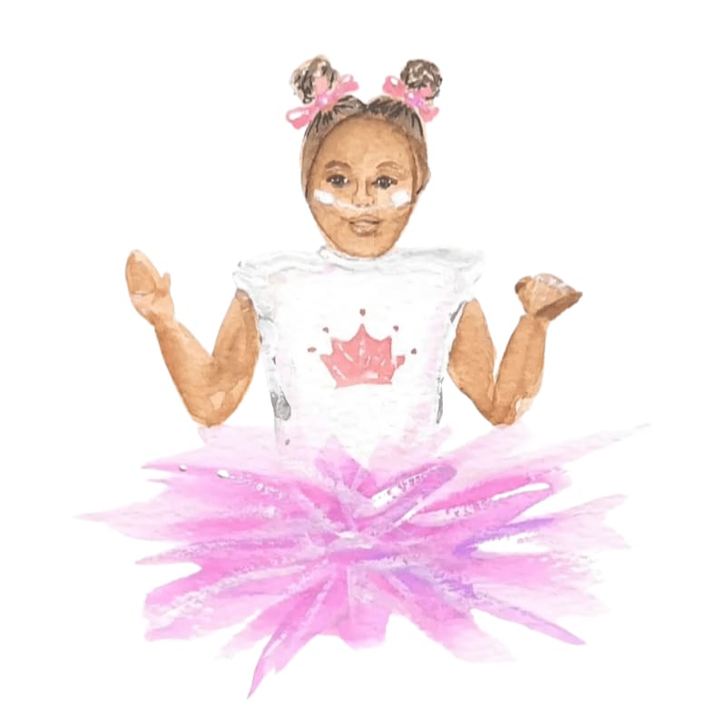 A young girl in a pink tutu and a white shirt with a crown stands with her arms outstretched against a white background.
