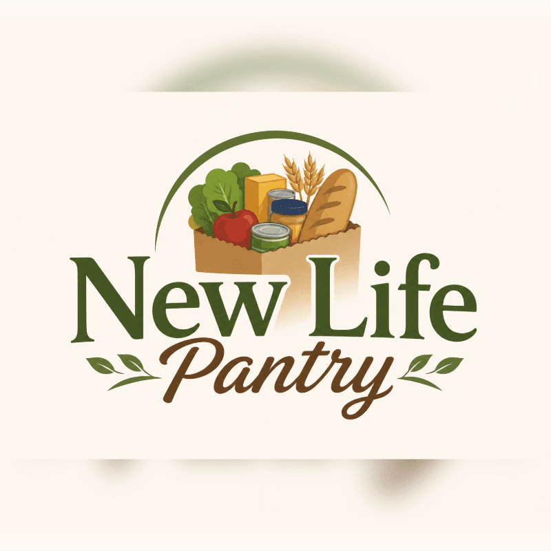 A brown cardboard box filled with groceries like bread, fruit, and canned goods sits in the foreground above the text "New Life Pantry" on a light, subtly textured background.