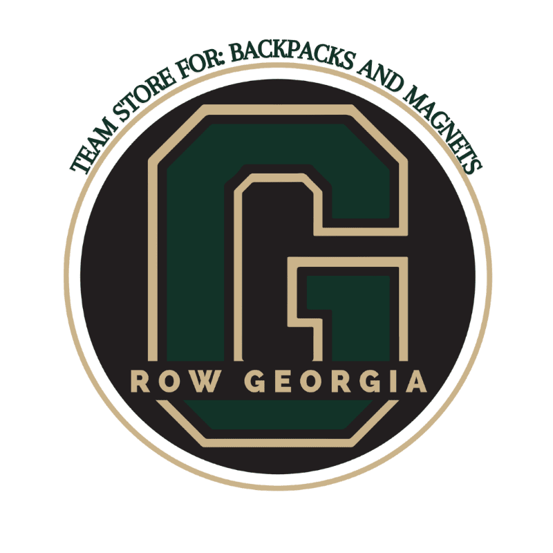 A large green "G" with "ROW GEORGIA" below it is centered within a black circle, surrounded by a tan ring, and topped with text reading "TEAM STORE FOR: BACKPACKS AND MAGNETS" in a tan arc.