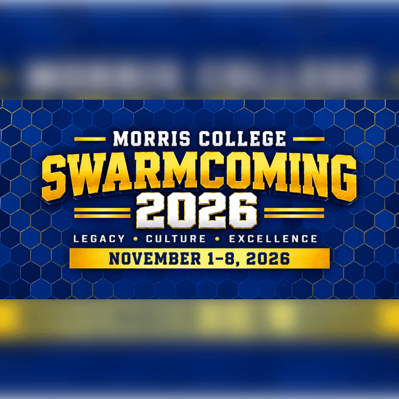 A blue and gold banner with "MORRIS COLLEGE SWARMCOMING 2026" prominently displayed in the foreground, set against a background of hexagonal patterns.