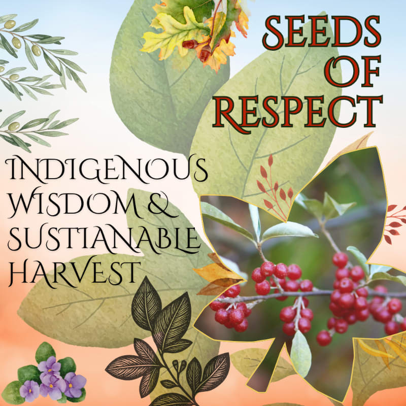Autumn leaves and berries in the foreground frame text about "Indigenous Wisdom & Sustainable Harvest" and "Seeds of Respect" against a soft, gradient background.