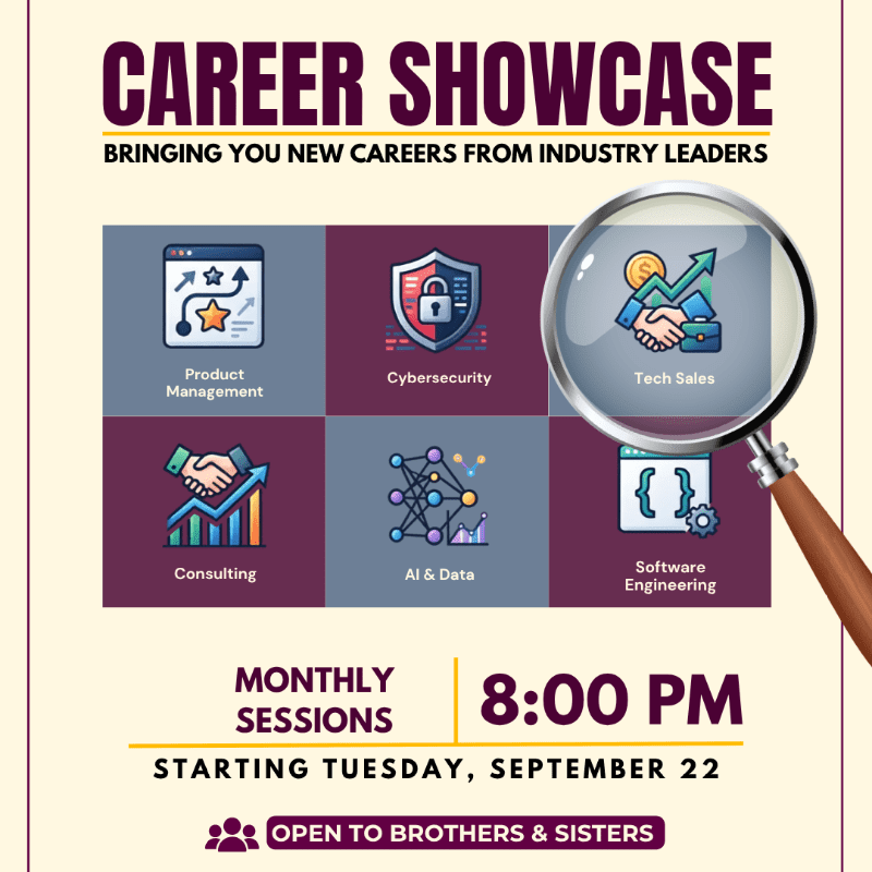 A magnifying glass hovers over "Tech Sales" in a career showcase poster featuring various career paths and event details.