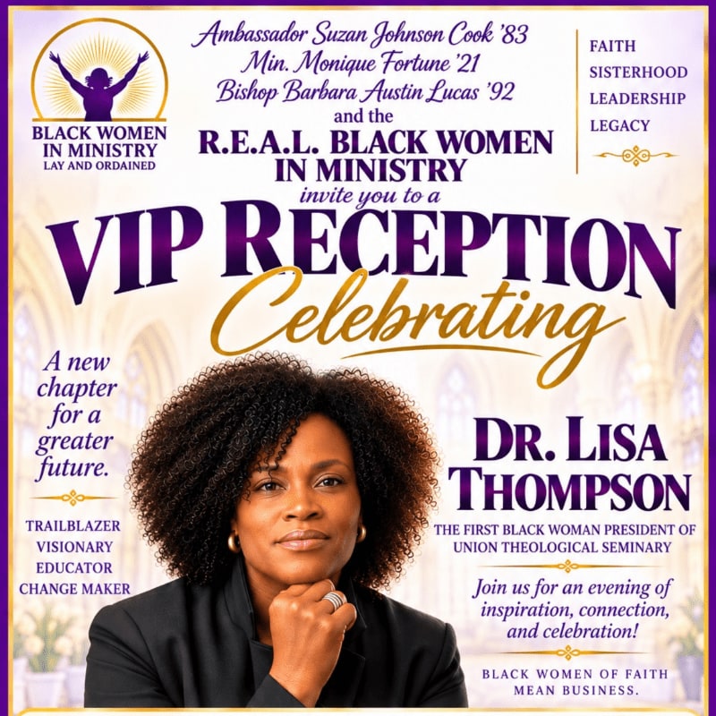 A woman with dark, curly hair and a serious expression is featured in the foreground, while the background is filled with text announcing a VIP reception celebrating Dr. Lisa Thompson.